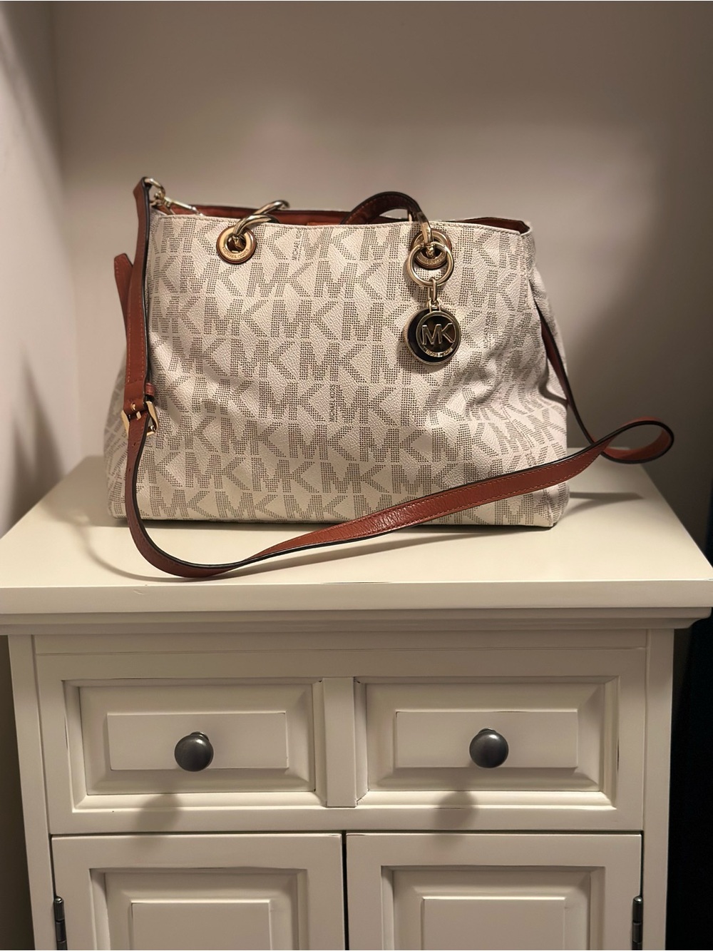 Michael Kors Cream Signature MK Tote with Brown Trim + Dust Bag